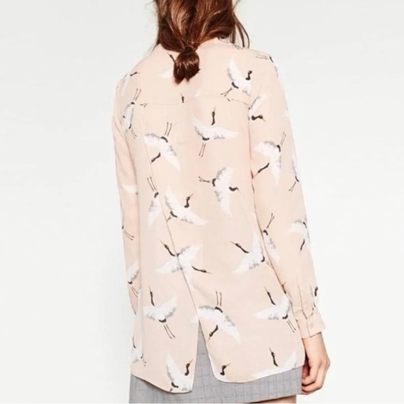 Zara basic long sleeve blouse with beautiful cranes sz XL - Picture 2 of 7